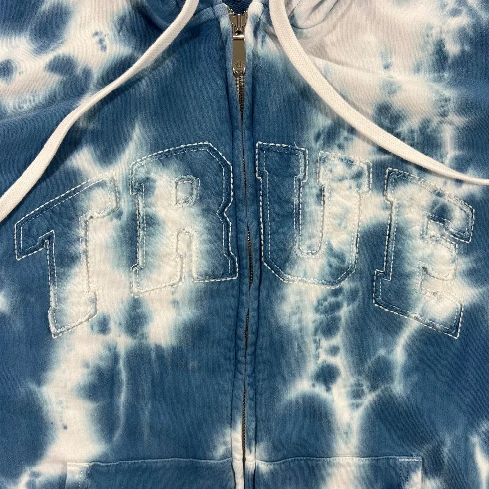 TRUE RELIGION Hoodie Mens 3XL Blue Tie Dye Good Full Zip Applique Grunge Skater